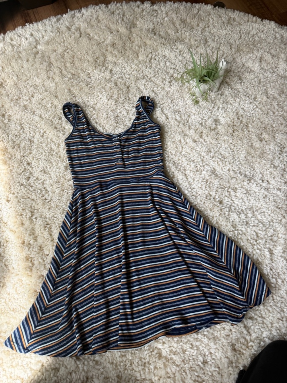 SO Navy, Tan & White Striped summer, spring cute Sleeveless Midi Dress
